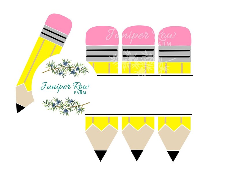 May include: A yellow pencil with a pink eraser and a circle with the text "Juniper Row Farm" and a floral design. There are three yellow pencils with pink erasers and grey stripes on the top of the image.