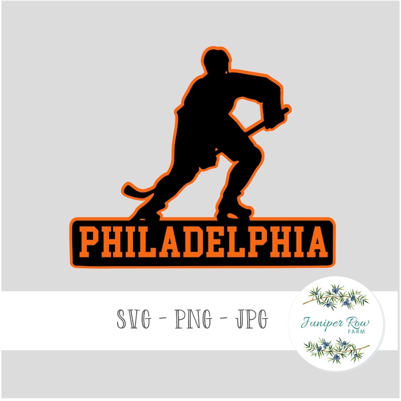Puede incluir: Gr&aacute;fico negro y naranja de un jugador de hockey de Filadelfia. El jugador patina con un palo de hockey. La palabra "PHILADELPHIA" est&aacute; en naranja sobre un rect&aacute;ngulo negro.