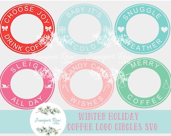 Logotipo de la taza de café Wrap Diseños de vacaciones de invierno, marcos Circle Starbucks para Navidad, paquete de café SVG