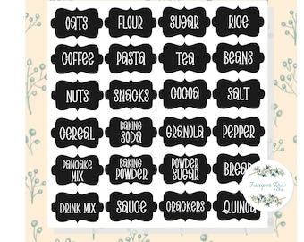May include: Black and white pantry labels with rounded corners and a decorative border. The labels include words like "Oats", "Flour", "Sugar", "Rice", "Coffee", "Pasta", "Tea", "Beans", "Nuts", "Snacks", "Cocoa", "Salt", "Cereal", "Baking Soda", "Granola", "Pepper", "Pancake Mix", "Baking Powder", "Powder Sugar", "Bread", "Drink Mix", "Sauce", "Crackers", and "Quinoa".
