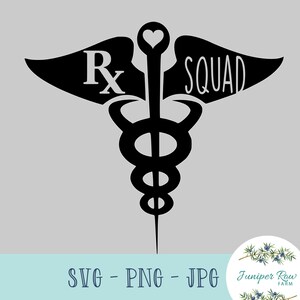 May include: Black and white silhouette of a medical caduceus symbol with the text "Rx Squad" on the wings.