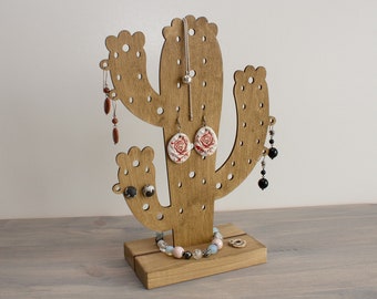 Organisateur de bijoux en bois Cactus, Arbre à bijoux, Support de boucles d’oreilles, Stand de bijoux, Rangement de bijoux, Support de gains en bois