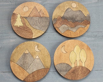 Set of 4pcs. Wooden Mountain Coasters, Nature Coasters, Forest Coasters, Geometric