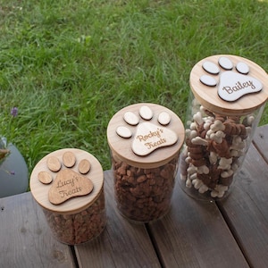 Personalised Dog Treat Jar, Pet Treat Glass Storage Jars, Engraved Pawprint Dog Snacks Container