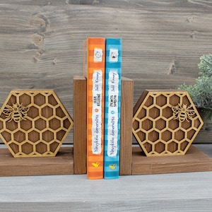 Wooden Honeycomb Bookends, Bee Bookends, Book Stopper, Shelf Decor