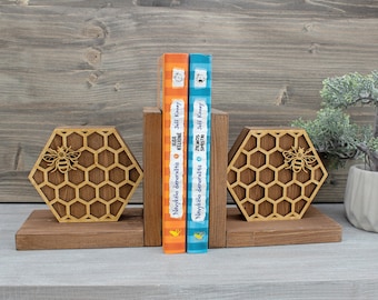 Wooden Honeycomb Bookends, Bee Bookends, Book Stopper, Shelf Decor