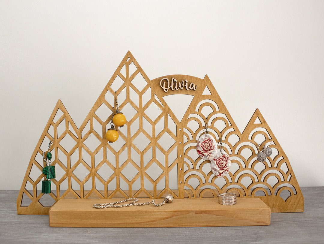 Personalized Wooden Jewelry Stand Mountains / Earring Holder Organizer