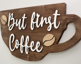 Wooden Coffee Bar Sign, "But First Coffee" Farmhouse Wall Decor