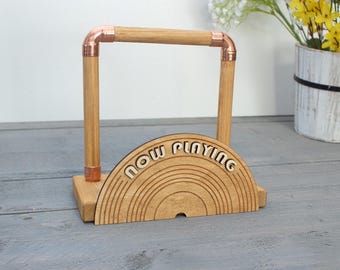 Wooden Vinyl Record Display Stand, Copper Accents, Music Lover Gift