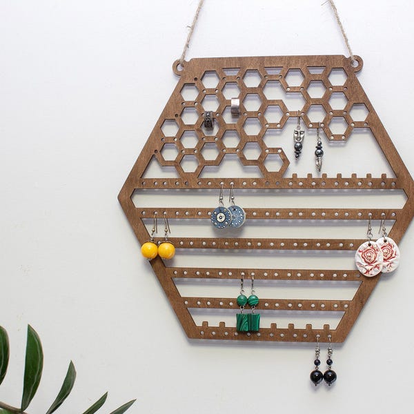 Organizador de pendientes de madera con forma de panal, soporte para pendientes, expositor de joyas, regalo para mujer, soporte para pendientes, soporte para joyas.