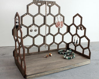 Honeycomb Wooden Jewelry Organizer - Earring Holder & Storage
