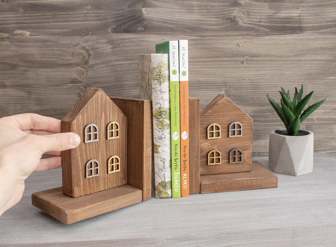 Wood House Bookends Book Stopper Shelf Decor Etsy
