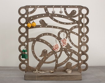 Wooden Jewelry Tree Stand with Birds, Earring Holder