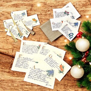 Pacote de cartões de Natal cristãos artesanais – cartões com as Escrituras, bilhetes e etiquetas de presente com detalhes dourados em bolsa de juta