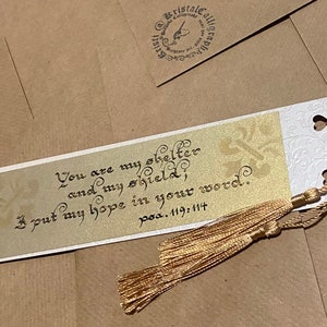 Pearlescent Gold Calligraphy Bookmark – &#39;You Are My Shelter&#39; Psalm 119:114 Elegant Vintage Design  Luxurious Antique Gold Paper 200 x 55 mm
