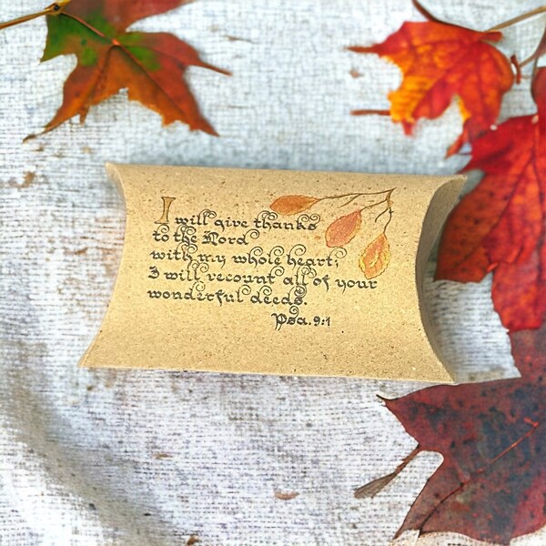 I will give thanks to the Lord Psalm 9:1 hand finished calligraphy pillow gift box Kraft brown rustic bible verse Thanksgiving gift box