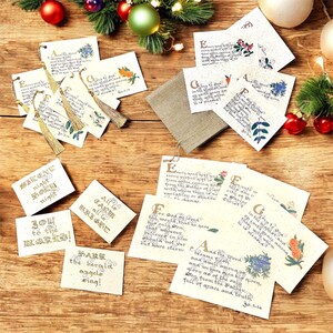 Set di biglietti di auguri natalizi cristiani fatti a mano: biglietti con le Scritture, bigliettini e etichette regalo con dettagli dorati in un sacchetto di iuta