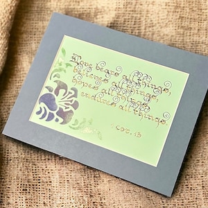 Handcrafted Vintage Calligraphy Bible Verse Art 1 Corinthians 13 Elegant Wedding Anniversary Gift in Pastel Green & Blue Mount