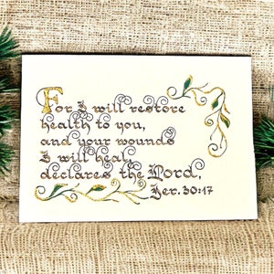 Impression d'art Écritures de guérison - Jérémie 30:17 - carte d'encouragement chrétien ou oeuvre d'art murale - calligraphie vintage - cadeau foi - fini à la main