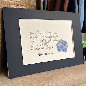 Matthieu 6:27 Art original de calligraphie, cadeau d'encouragement chrétien, verset de la Bible écrit à la main A5 au format A4 en option