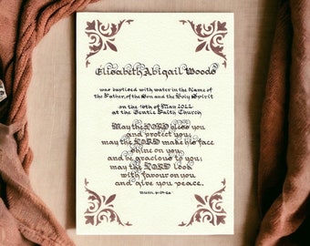 Timeless Vintage Calligraphy Christening Certificate  Handcrafted Elegance with Gold Accents & Customisable Details for a Cherished Keepsake