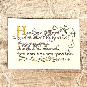 Impression d'art de vers de la Bible sur la guérison – Jérémie 17:14 | Calligraphie chrétienne | Art mural vintage avec écriture sainte | Cadeau Foi | Carte A6 A5