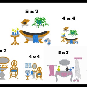 Bathroom with Tub, Bathroom with Sink & Bathroom with Sink Embroidery Machine digital design downloads for 5 x 7 hoop and 4 x 4 hoop