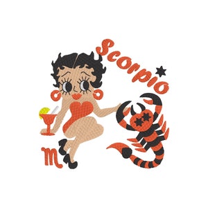 Könnte beinhalten: Eine Cartoon-Illustration einer Frau mit roten Haaren und einem roten Kleid, die einen Cocktail hält. Die Frau sitzt auf einem Skorpion mit dem Wort "Scorpio" darüber geschrieben. Der Skorpion ist schwarz und orange.