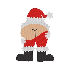 May include: A red and white Santa Claus butt with a white beard and black boots. The Santa Claus is wearing a red hat with a white pom-pom.