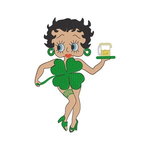 May include: A cartoon illustration of a woman wearing a green four-leaf clover costume and holding a tray with a glass of beer.