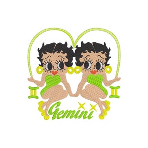 Puede incluir: Diseño bordado en verde y amarillo de dos mujeres de dibujos animados tomándose de la mano con la palabra "Gemini" y el símbolo astrológico de Géminis debajo.