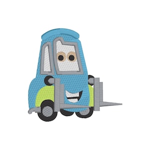 Puede incluir: Un coche de dibujos animados azul y verde con un accesorio de carretilla elevadora. El coche tiene una cara sonriente con ojos grandes.
