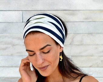 Womens Organic Accessories Striped  Linen Workout Headband, Adult Running Fitness Headbands Natural Womens Head Wraps Wide Linen Headbands