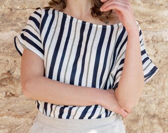 Drop Shoulder Linen Striped Summer Blouses, Loose Fit Linen Clothing For Women, Various Clothes, Striped Linen Top For Womens Linen Blouse