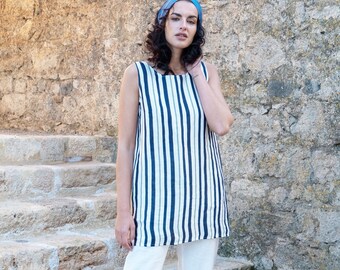 Sleeveless Linen Striped Summer Tunic Blouses, Loose Fit Linen Clothing For Women, Various Clothes, Striped Linen Top For Women Linen Blouse