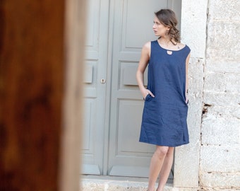 Dark Blue Linen Sleeveless Dress With Pockets, Womens Summer Dress, Loose Linen Dress Blue, Loose Linen Tunic, Oversize Dresses Linen Women