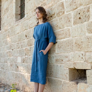 Blue Tunic Dress in Midi Length Womens Linen Clothing Blue - Etsy