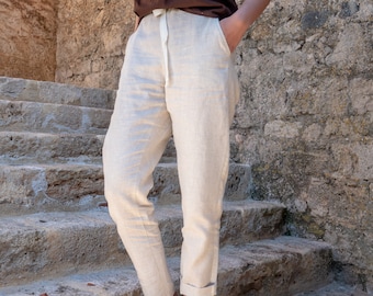 Linen Pants Plaid Natural Color, Loose Linen Unisex Pants, Women Linen Trousers, Linen Clothing Unisex, Womens Linen Trusers Natural Pants