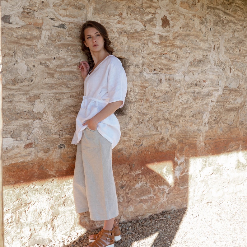 White Linen Top V Necline Blouses For Womens, Oversized Linen Top White, Soft Linen White Blouse, Basic Linen Sirt Top, Washed Linen Blouse image 4