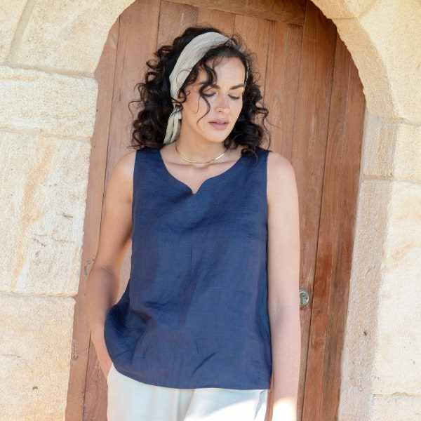 Dark Blue Linen Tank Top For Womens, Handmade Italian Linen Blous, Linen Blue Blouse Sirth, Linen Top Dark Blue, Womens Linen Shirt Blue Top