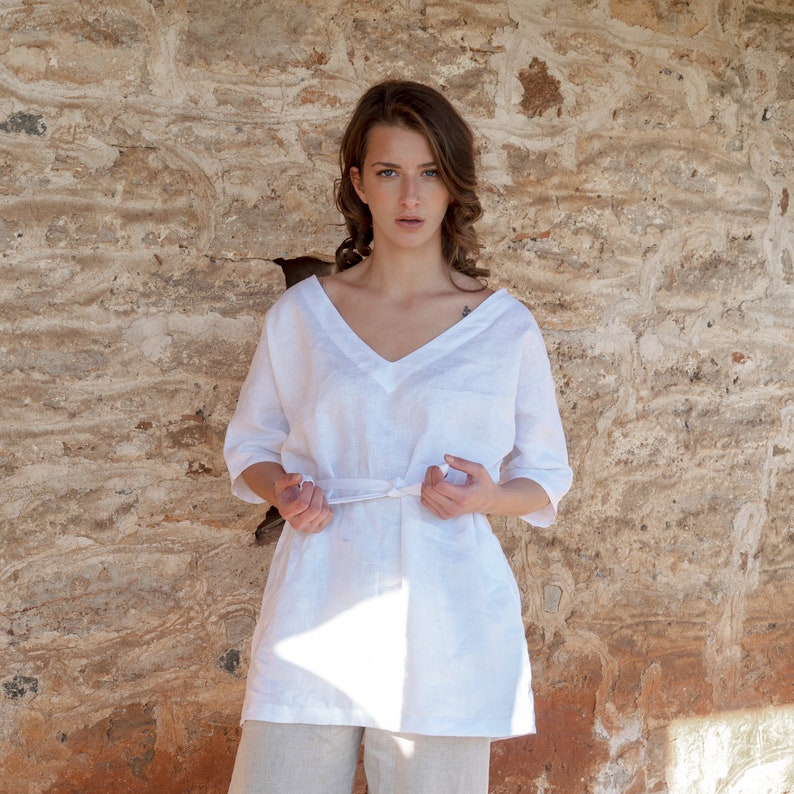 White Linen Top V Necline Blouses For Womens, Oversized Linen Top White, Soft Linen White Blouse, Basic Linen Sirt Top, Washed Linen Blouse image 2