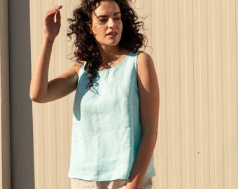 Linen Tank Top Blouse For Womens Handmade Sleeveles Aqua Top Linen Aqua Blue Womens Blouse Shirts Summer Linen Tops Sky Blue Shirts Blouses