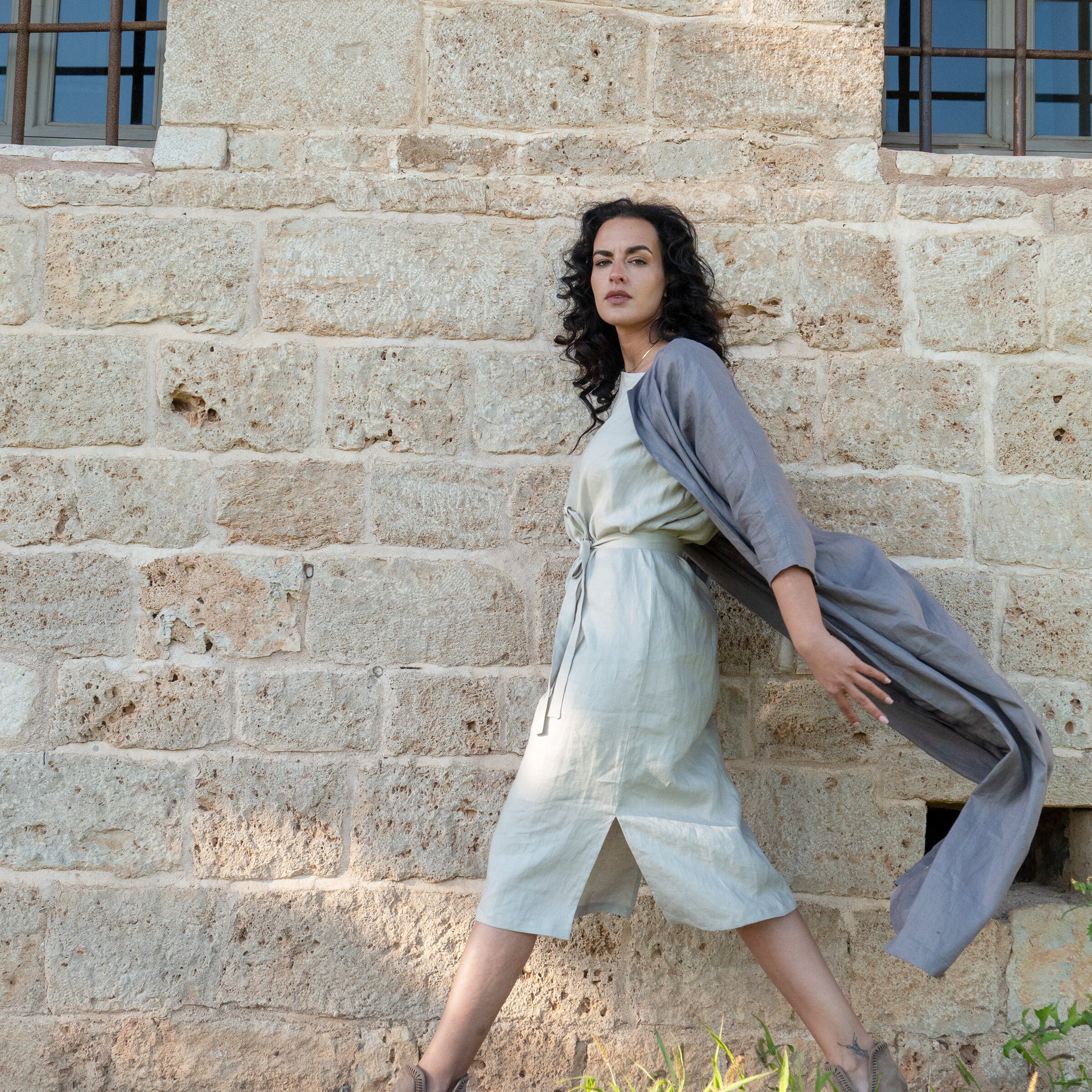 Linen Midi Cream Dress for Womens Linen Summer Dress 3 4 Kimono
