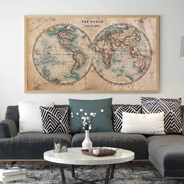 Printable World Map Hemispheres, Wall Art, Home Decor, Large Digital Download, Instant Download, Wall Print, Wall Decor, Posters