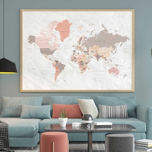 Afdrukbare wereldkaart, kunst aan de muur, woondecoratie, grote digitale download, direct downloaden, muurafdruk, muurdecoratie, posters