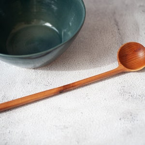 Wild cherry wooden spoon hand carved. Original round scoop for tea, sugar. Unique wooden coffee spoon. Long handled spoon. Eating, serving. image 1