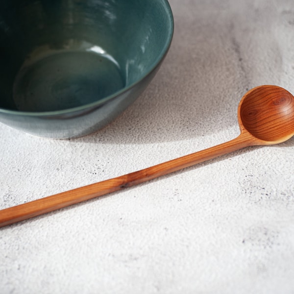 Wild cherry wooden spoon hand carved. Original round scoop for tea, sugar. Unique wooden coffee spoon. Long handled spoon. Eating, serving.