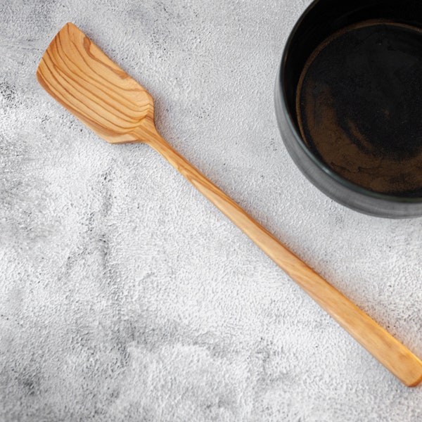 Olive wood hand carved spatula. Long handle serving spoon, cooking spatula. One-of-a-kind kitchenware. Artisan cooking paddle.