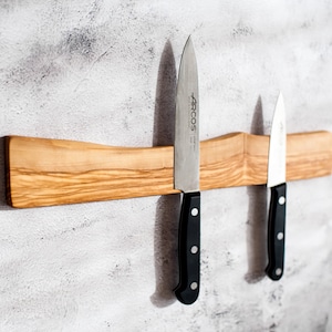 Magnetic Knife Holder, Live edge olive wood knife strip, wooden knife rack , Magnet knife display. Wall or fridge mounted knives bar.