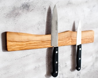 Magnetic Knife Holder, Live edge olive wood knife strip, wooden knife rack , Magnet knife display. Wall or fridge mounted knives bar.